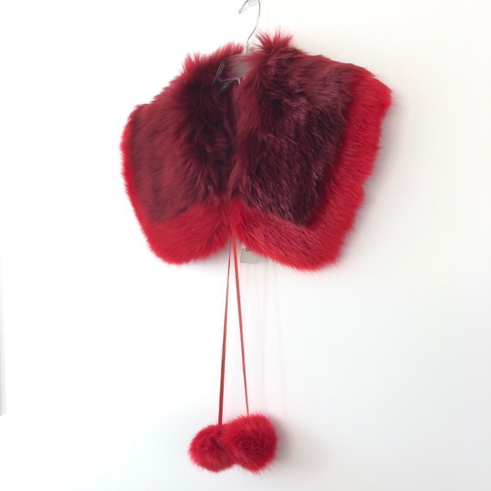 BP. Faux Fur Two-Tone Collar Featuring Pom Pom Ties in Red Burgundy One Size - Picture 3 of 3